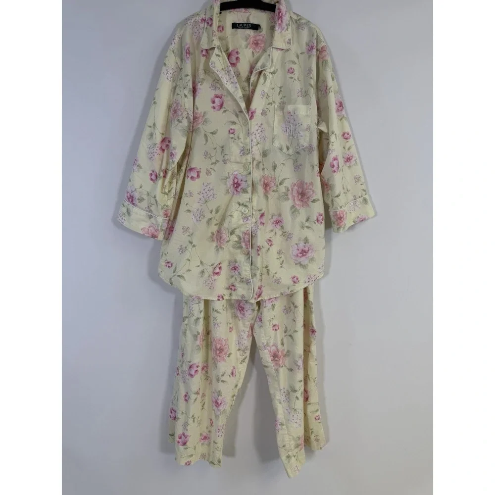 Lauren Ralph Lauren Pajama Set Womens M Yellow Floral Cotton Embroidered‎ Logo